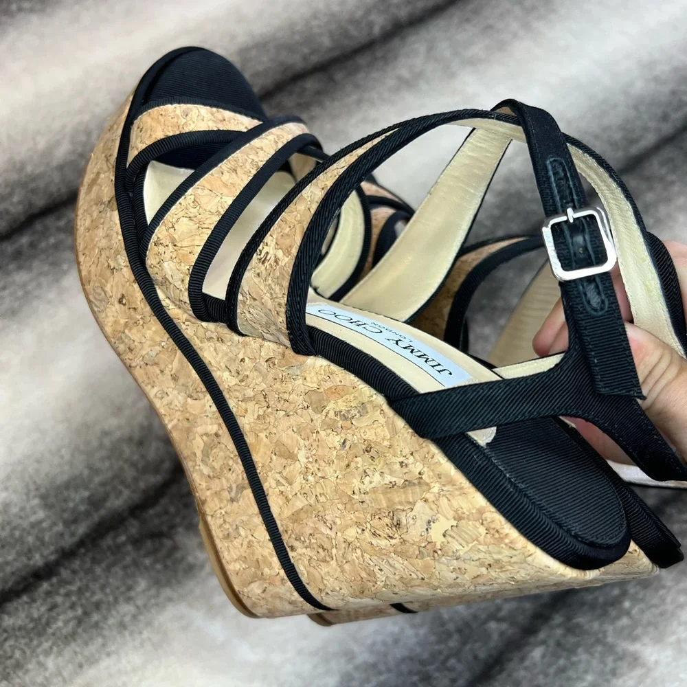 Jimmy Choo Alissa 120 Natural Black Cork Grossgrain Wedges
